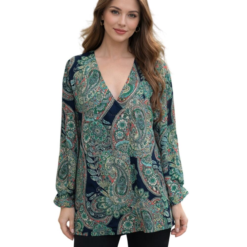 Rose & Olive Paisley Top Womens XL Navy Teal V Neck Flowy Career Blouse